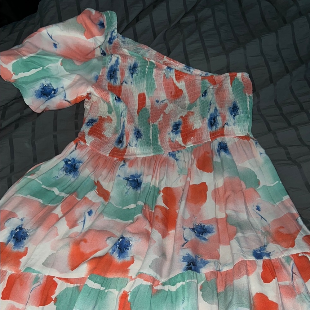 Pink and Blue One Shoulder Maxi Sundress